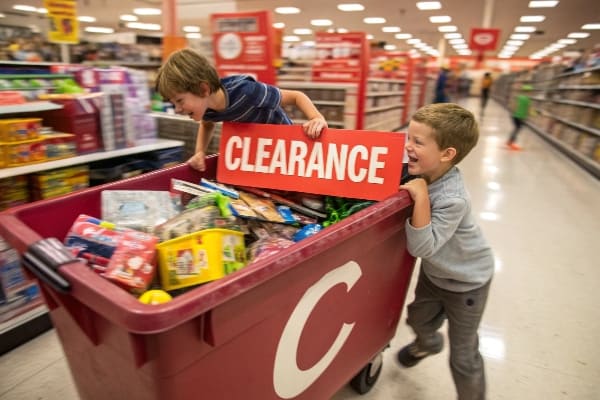 Deux enfants jouant avec Clearance Bin plein de produits assortis en magasin Asle