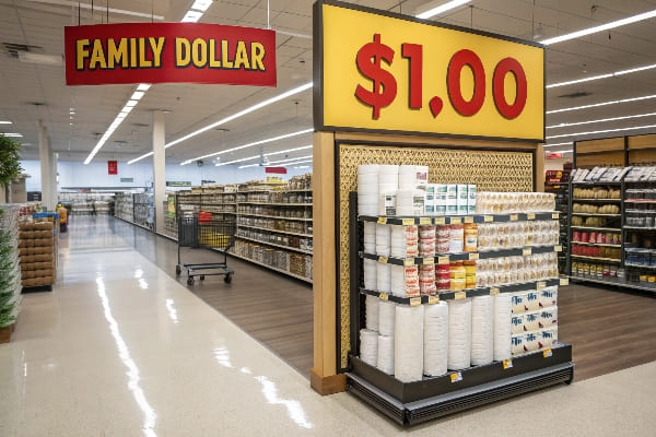 Family Dollar $ 1 End Cap con artículos de papel bajo señalización audaz.