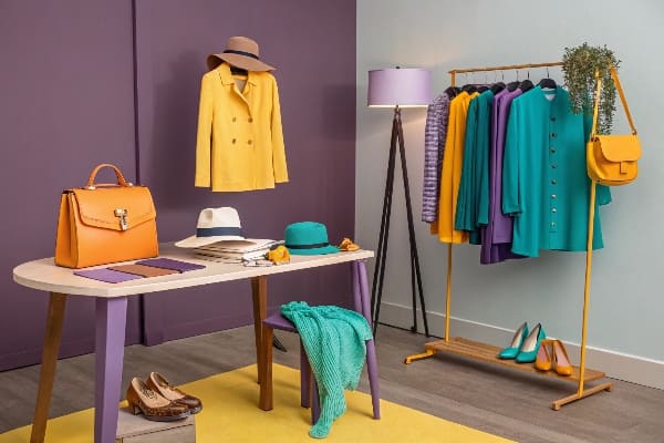 Configuration élégante de mode de vente au détail avec des vêtements en couleur, accessoires et design d'intérieur coordonné.