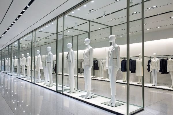 Showroom minimalista con maniquíes blancos en atuendos formales detrás de vidrio.