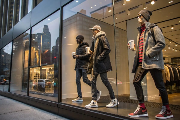 Exhibición de la tienda con maniquíes en invierno