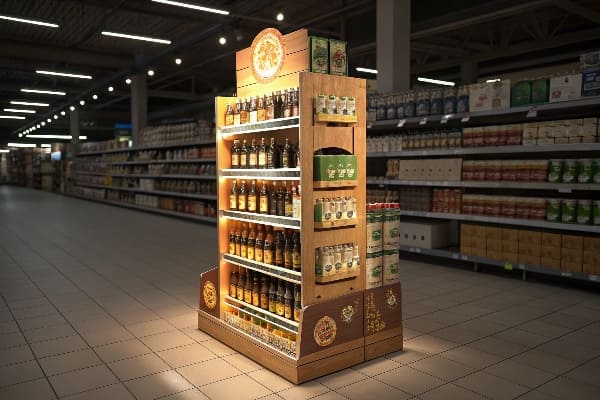 木制式地板展示,装有超市的饮料瓶