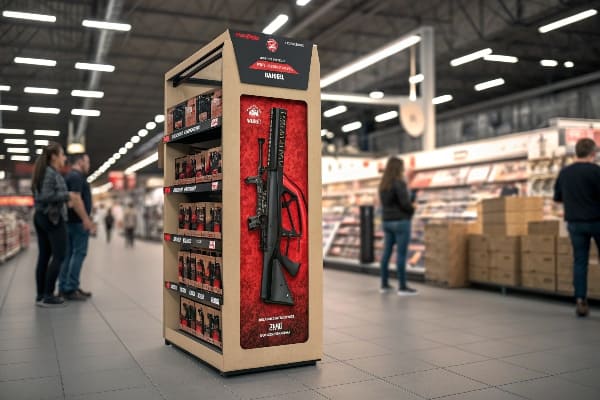 Pantalla minorista con productos empaquetados