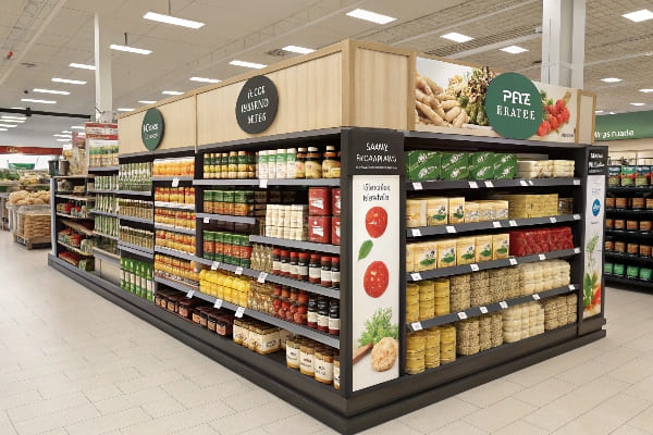 Exibição do corredor com molhos de macarrão e produtos secos no supermercado
