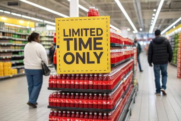 Grocery End -End con botellas de refrescos rojas y en negrita "solo tiempo limitado".