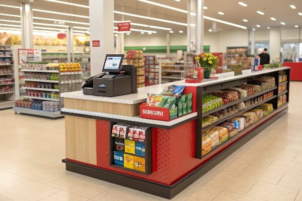 Comercial de comestibles Counter con varios alimentos.