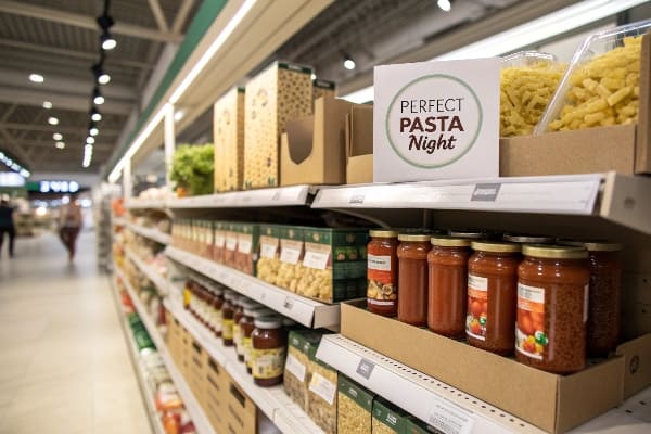 Покрытие продуктового магазина с макаронами, банками соуса и организованными сухими товарами.