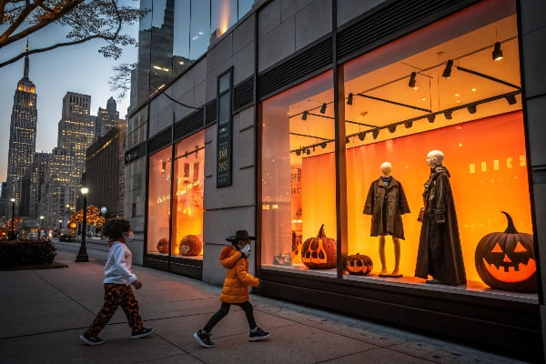 Pantalla de ventana de Halloween con maniquíes y decoración de calabaza en el entorno de la ciudad.
