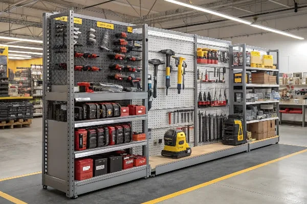 電動工具、ドリルビット、大型機器を展示する金物店のディスプレイ。.