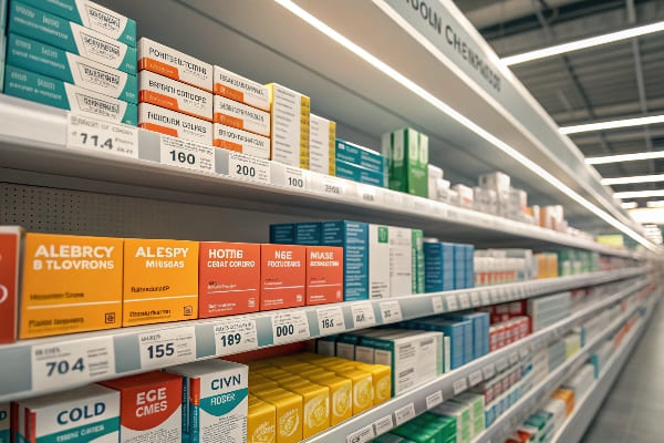 Vue rapprochée des boîtes de médicaments en vente libre colorées sur l'étagère du magasin avec des étiquettes de prix