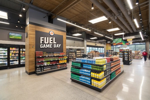 Bebidas de promoción de la tapa del supermercado de alto tráfico bajo la señalización del 'Día del Juego de Combustible'