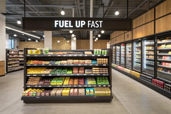 Taperería de alto tráfico de supermercado con comidas listas para llevar bajo Banner de 'Fuel Up Fast'