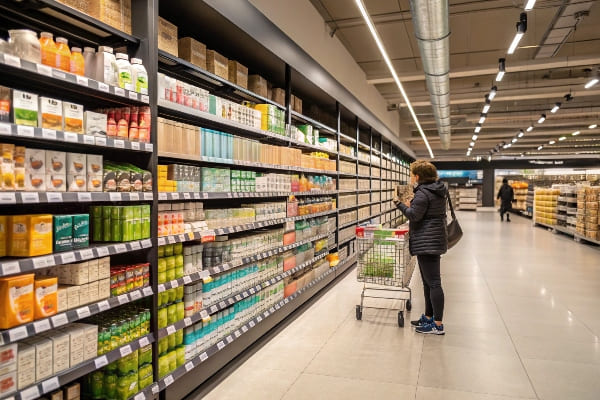 Shopper surfen gut sortierte Wellness- und Getränkeregale im Laden.