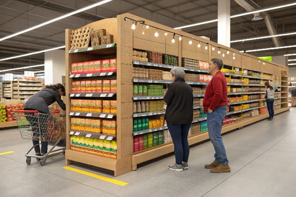 Compradores que navegan por coloridos paquetes de pasta en estantes de las tiendas bien iluminadas.