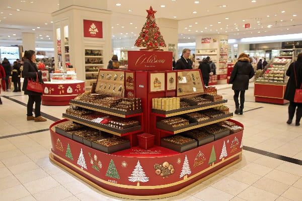 デパートに赤と金の装飾が施されたホリデーをテーマにしたチョコレートディスプレイ
