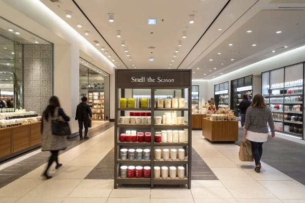 Home Goods Endpap con velas perfumadas con señalización de 'Smell the Season'