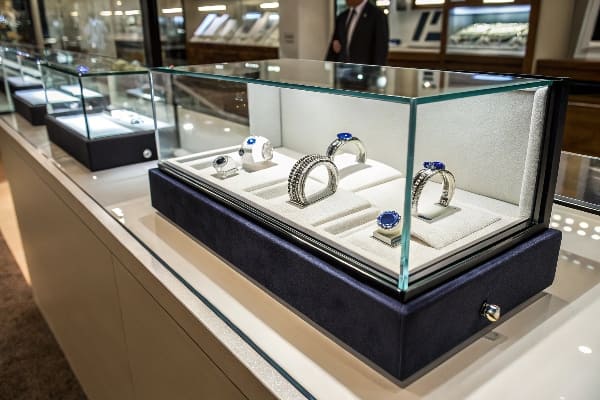 Caso de exhibición de la joyería con anillos de lujo y pulseras con piedras preciosas azules
