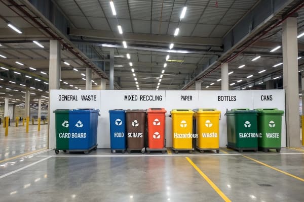 Instalación industrial con varios contenedores de reciclaje etiquetados para diferentes tipos de desechos.