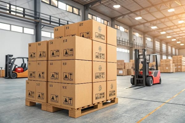 Almacén de logística con cajas de cartón apiladas y una carretilla elevadora.