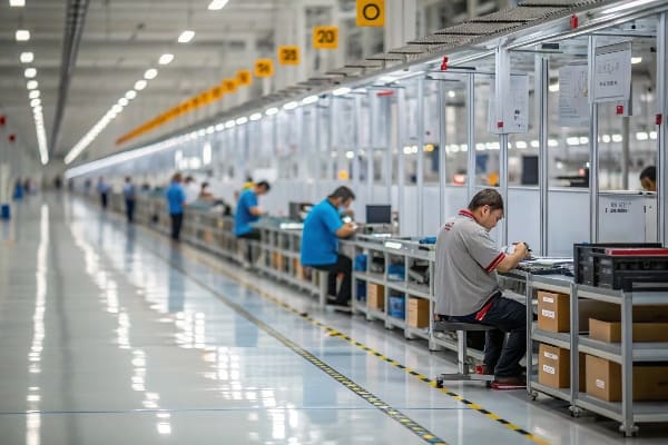 Arbeiter, die elektronische Teile an einer modernen Produktionslinie zusammenstellen