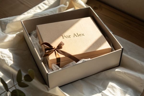 Elegante Geschenkbox mit "für Alex" mit einem Band in einer Präsentationsschachtel.