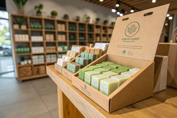 Barres de savon à la main soigneusement disposées en écran en carton écologique dans un magasin de produits naturels.