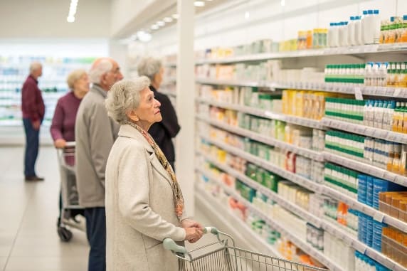 Femme senior examinant les produits sur l'étagère de pharmacie avec panier dans le magasin moderne