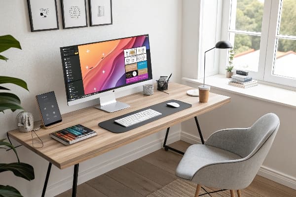Escritorio moderno con un monitor grande por ventana