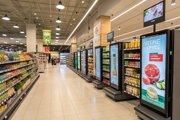 Aisillo moderno de la tienda de comestibles con pantallas digitales y alimentos cuidadosamente arreglados.