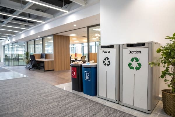 Estaciones de reciclaje para papel y botellas en una oficina.