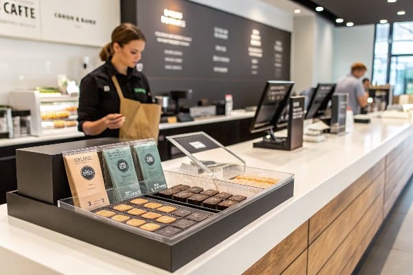 Contador de café moderno com guloseimas e funcionários da equipe preparando o pedido