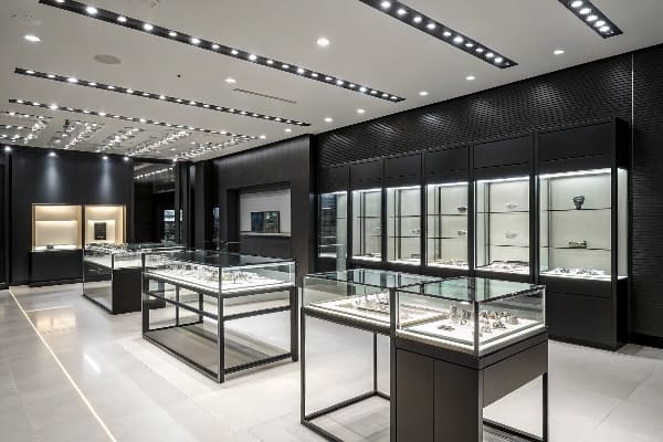 Moderner Schmuckausstellungsraum mit eleganten Glas -Displayhüllen und Deckenleuchten