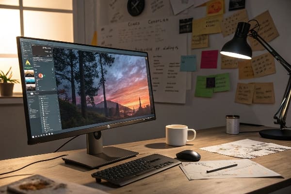 Monitor que muestra el software de edición de fotos por la noche