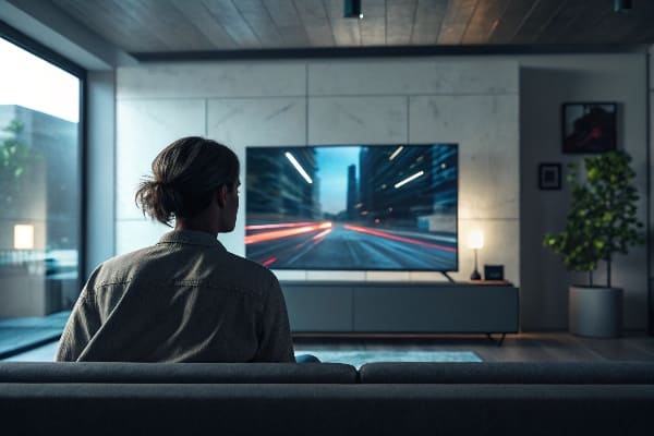 ソファに座って、大きな薄型テレビでペースの速い都市のシーンを見ている人。