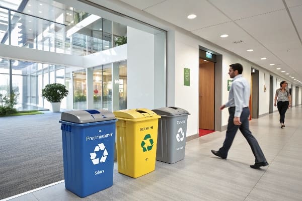 Reciclaje de contenedores en un pasillo de oficina con gente caminando.