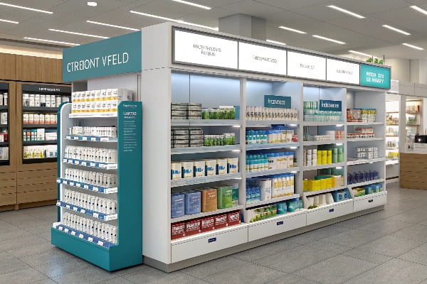 Estante de farmacia con suplementos y productos de bienestar en diseño limpio