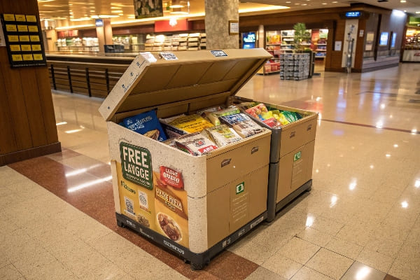 Bac de plancher rempli de produits alimentaires emballés dans un supermarché avec une signalisation promotionnelle