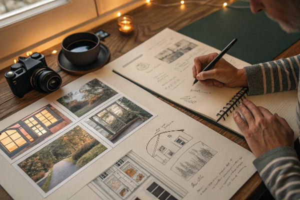 Sketchbook con fotos y notas arquitectónicas