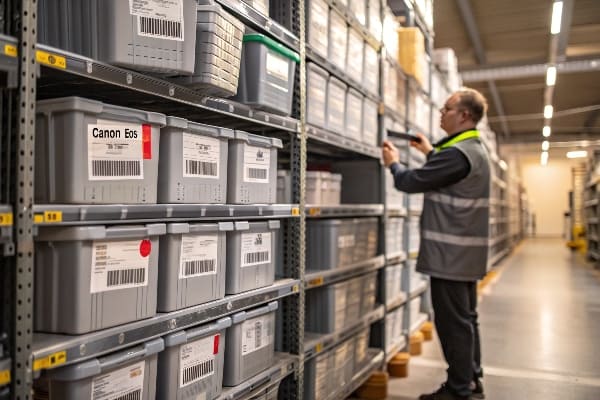 Boîtes d'inventaire de numérisation des travailleurs dans la salle de vente au détail organisée