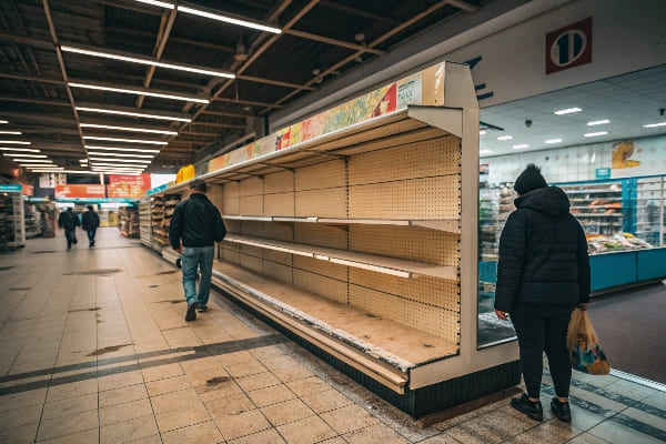 Compradores que pasan por estantes de comestibles vacíos