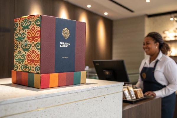 Boîte-cadeau de luxe colorée sur un comptoir de réception avec du personnel souriant en arrière-plan.