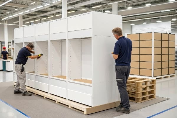 Workers assembling retail shelves in a warehouse setting