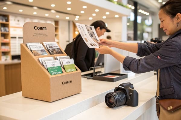 Femme qui cueille une brochure à partir d'un écran en carton de marque à côté de la caméra sur le comptoir du magasin