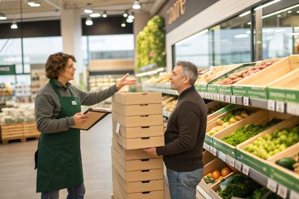 Сотрудники магазина и клиенты разговаривают помимо свежих продуктов и картонных лоток