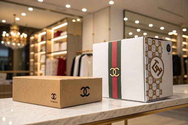 Luxus -Verpackungskästen für Einzelhandel mit goldenen Logos aus Display.