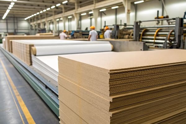 Pilhas de folhas de papelão em uma fábrica de embalagens com trabalhadores em segundo plano.