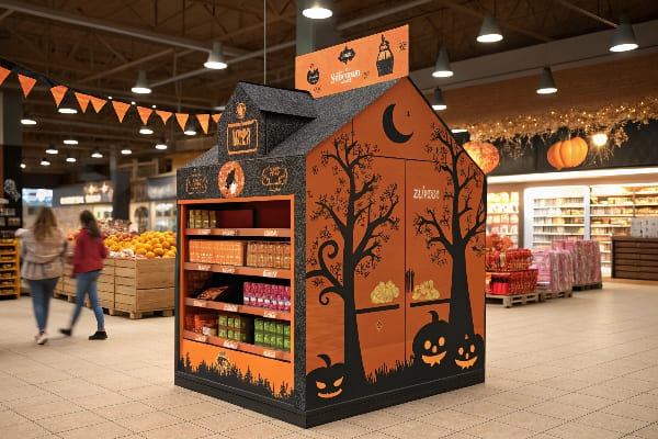 La pantalla minorista con temática de Halloween formada como una casa con productos de temporada.
