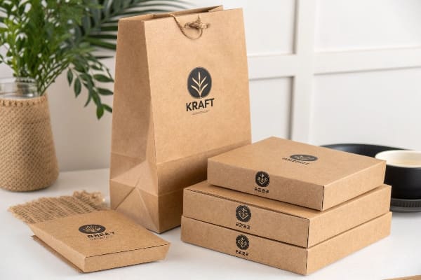 Caixas de papel Kraft e bolsa organizada em uma mesa com marca.