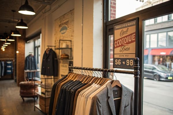 Trajes elegantes colgaban perfectamente dentro de una tienda de ropa boutique con una vista en la calle.