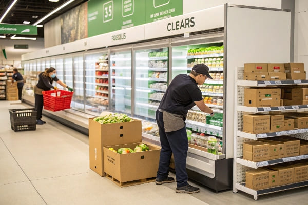 El personal de comestibles repone los productos y los artículos refrigerados en el pasillo de los supermercados.
